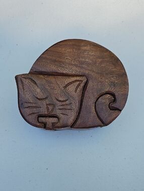 Hand-Carved Wooden Cat Puzzle Box - Brown